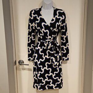 DVF Linda Wrap Dress, Squiggle Design, Black White & Blue, Size S